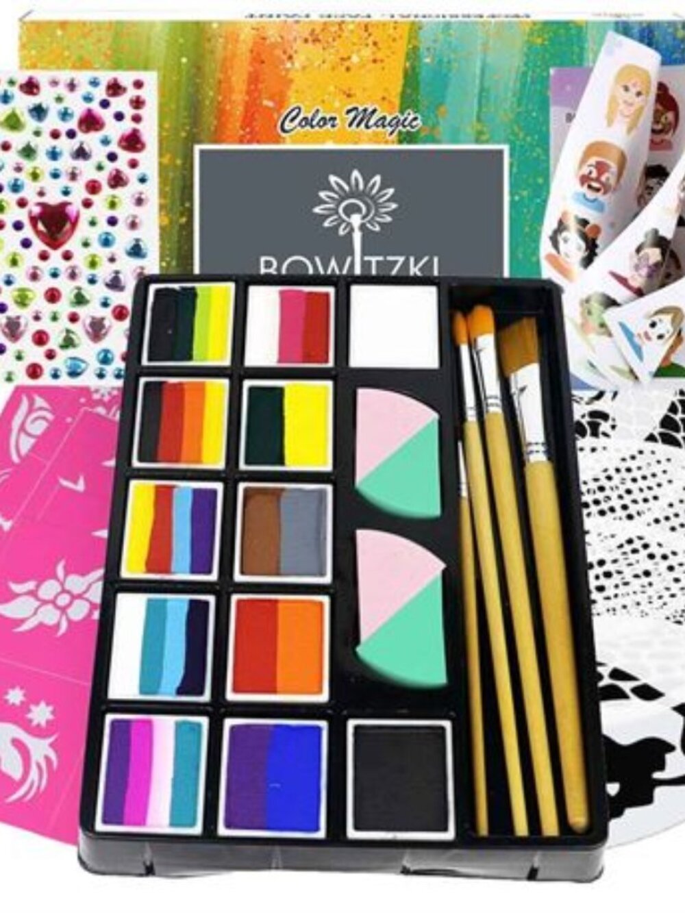 NEW Bowitzki 12-Color Split Cake Face Paint Kit w/Brush Set & Stencils